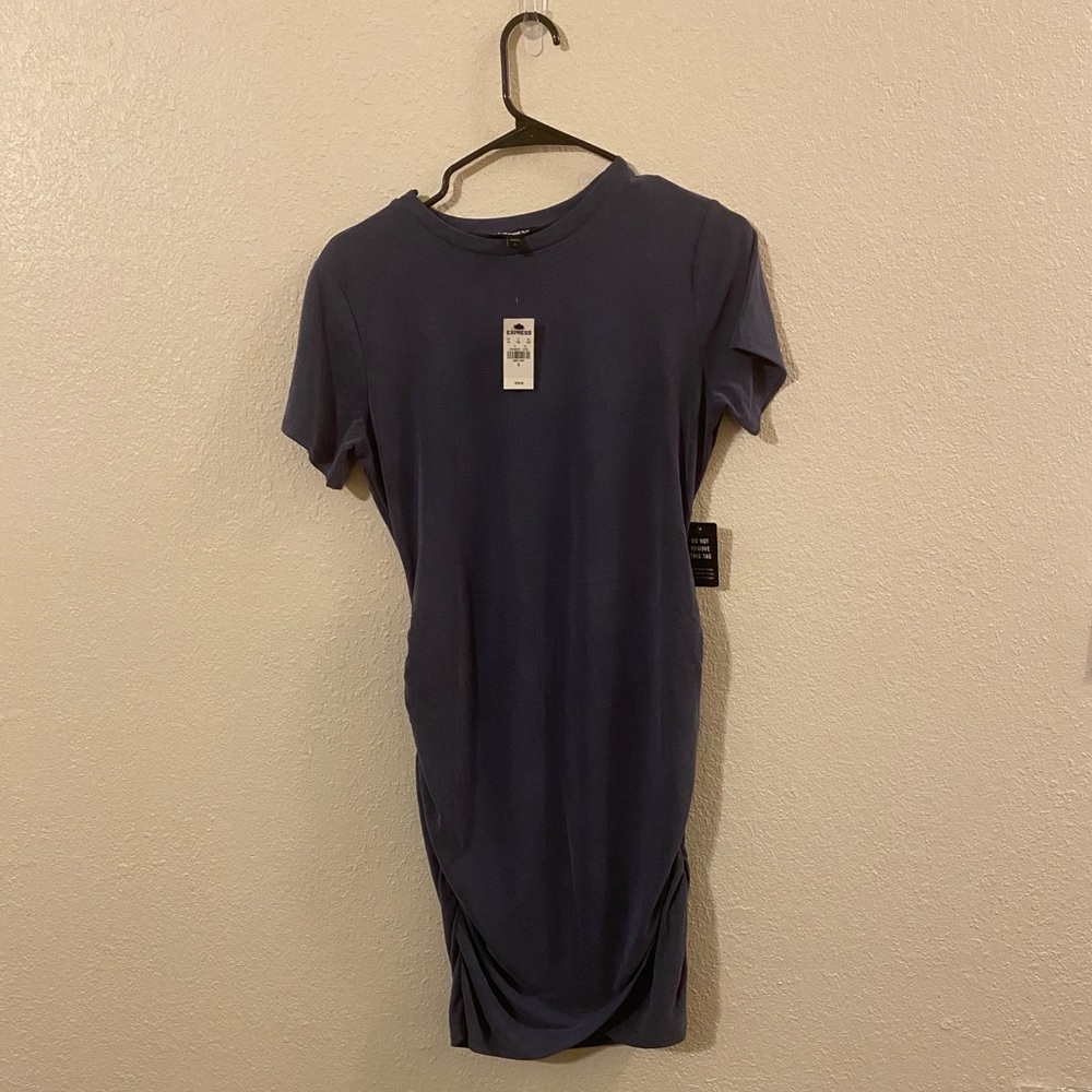 NWT Velvety Soft Blue Express Tulip Hem Ruched Dress S